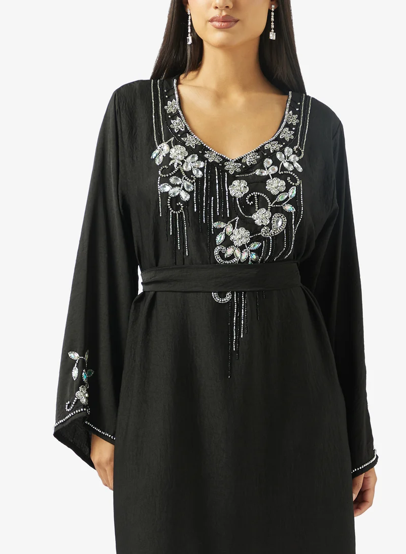 hayas closet  Floral Beaded Embroidery Work At Front Section And Belt Jalabiya for Women | Best Price UAE